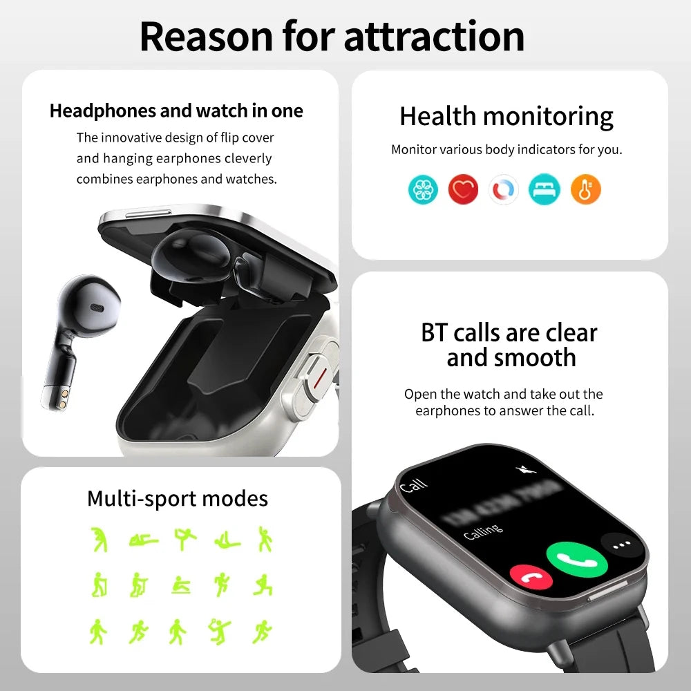 New Smart Watch D8 TWS 2 In 1 Wireless Bluetooth Noise Cancelling Earphones Watch 2" Sports Heart Rate NFC Ultra Smartwatch