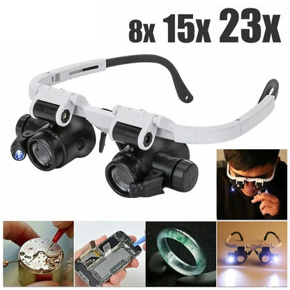 OptiMax Pro – 2X LED Head-Mounted Magnifier | Adjustable 8X, 15X, 23X Lens for Watch, Jewelry & Tech Repair
