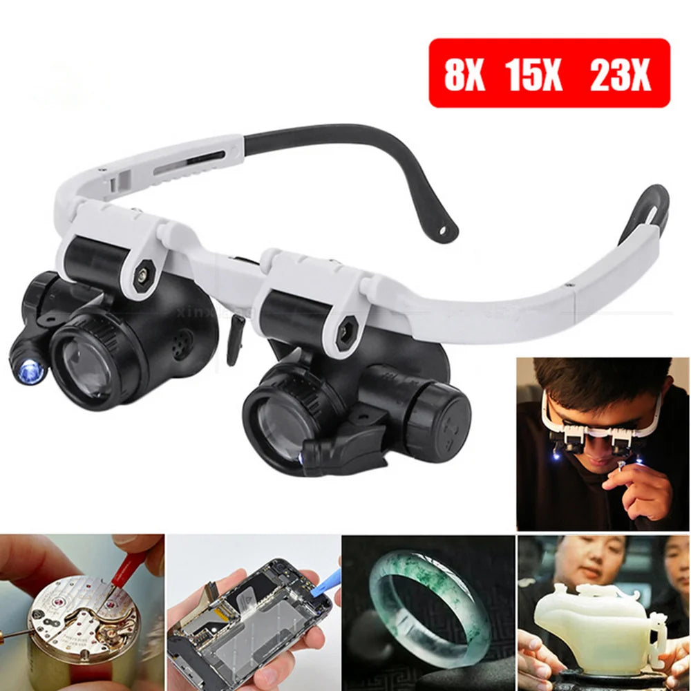 OptiMax Pro – 2X LED Head-Mounted Magnifier | Adjustable 8X, 15X, 23X Lens for Watch, Jewelry & Tech Repair