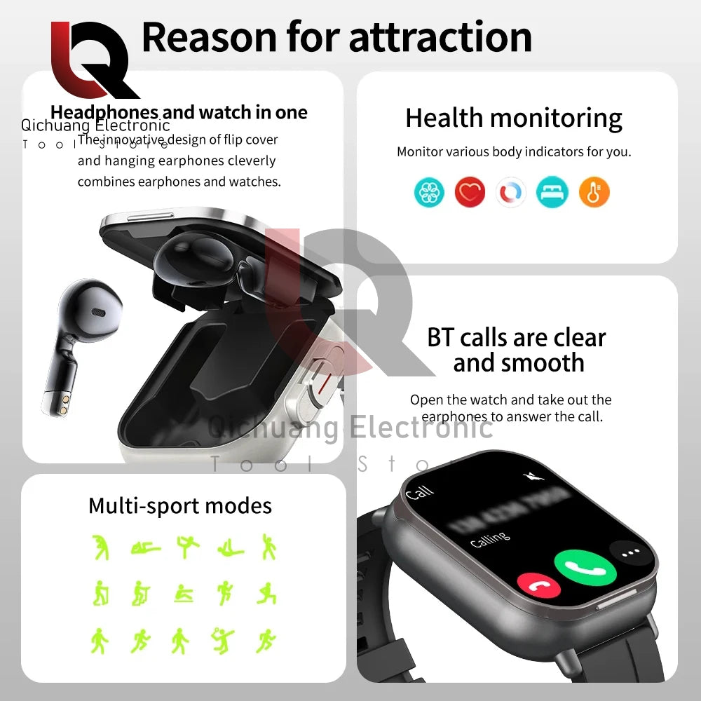 New Smart Watch D8 TWS 2 In 1 Wireless Bluetooth Noise Cancelling Earphones Watch 2" Sports Heart Rate NFC Ultra Smartwatch