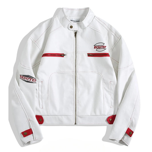 Men and Women American Motorcycle Leather Short Jackets Trendy High Street Stand Collar Embroidery Letters Casual Hio Hop Coats